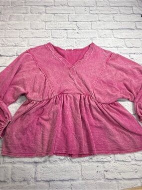Boutique  Pink Washed V-Neck Peplum Top. Long Sleeves. Size S.